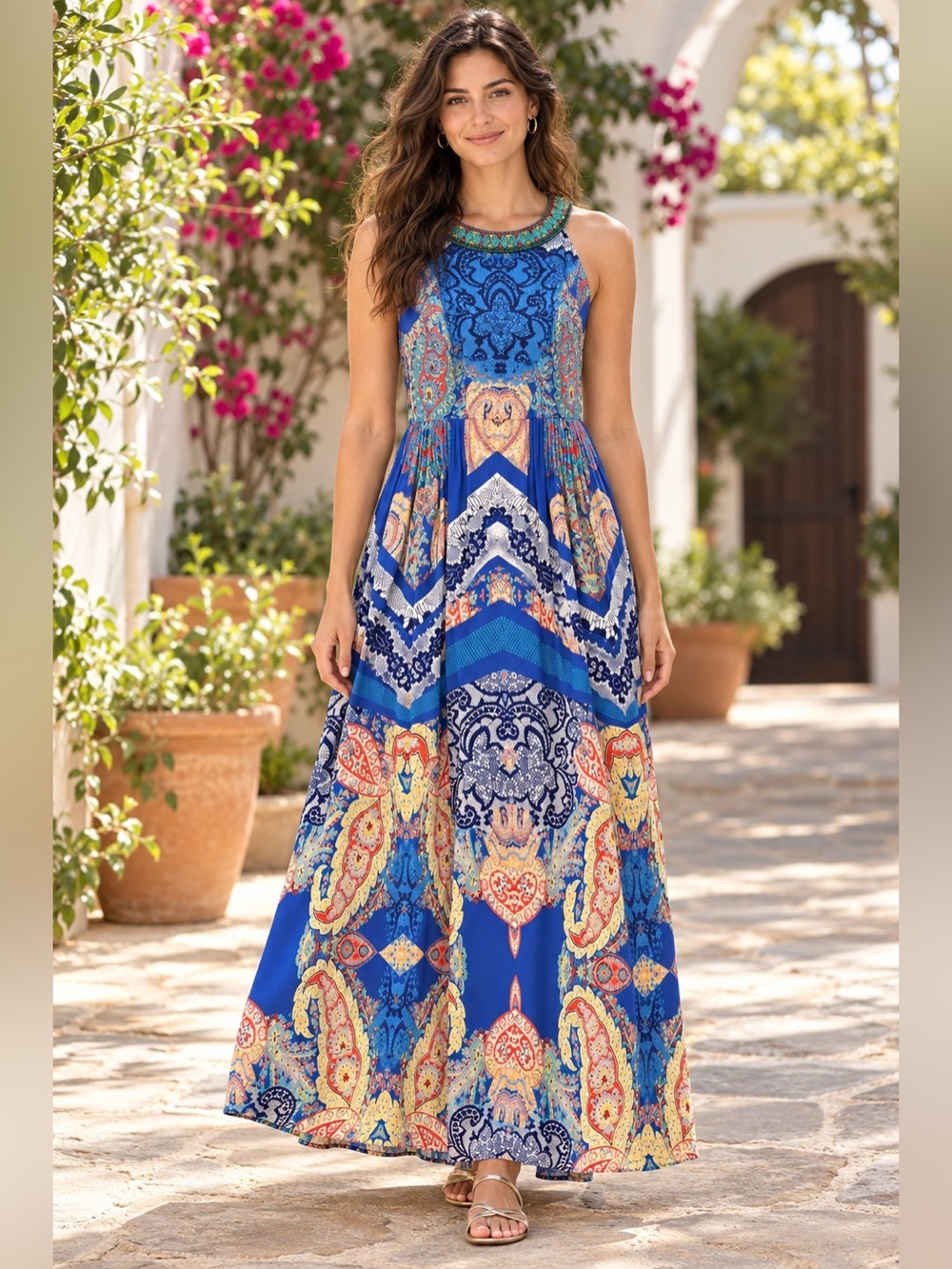 Anthropologie Ranna Gill Boteh Jewel Embellished Maxi Dress Blue Size 12